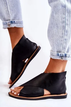 Damskie Damskie buty S.Barski Damskie Skórzane Sandały Na Szeroką Stopę Czarne Catalise