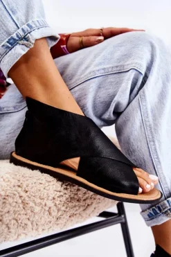 Damskie Damskie buty S.Barski Damskie Skórzane Sandały Na Szeroką Stopę Czarne Catalise