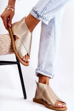 Damskie buty S.Barski Sandały Płaskie*Damskie Skórzane Sandały Na Szeroką Stopę Złote Catalise