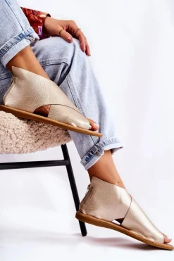 Damskie buty S.Barski Sandały Płaskie*Damskie Skórzane Sandały Na Szeroką Stopę Złote Catalise