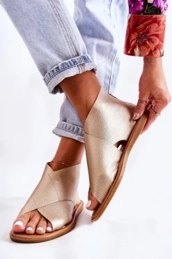 Damskie buty S.Barski Sandały Płaskie*Damskie Skórzane Sandały Na Szeroką Stopę Złote Catalise