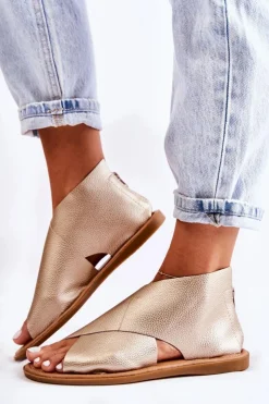 Damskie buty S.Barski Sandały Płaskie*Damskie Skórzane Sandały Na Szeroką Stopę Złote Catalise