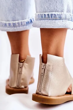 Damskie buty S.Barski Sandały Płaskie*Damskie Skórzane Sandały Na Szeroką Stopę Złote Catalise