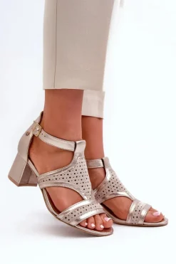 Damskie Maciejka Damskie Skórzane Sandały Na Słupku 06459-25 Beżowo-Złote