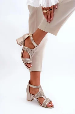 Damskie Maciejka Damskie Skórzane Sandały Na Słupku 06459-25 Beżowo-Złote
