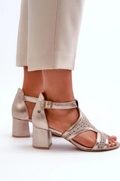 Damskie Maciejka Damskie Skórzane Sandały Na Słupku 06459-25 Beżowo-Złote