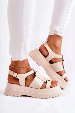 Damskie Boto Damskie Skórzane Sandały Na Platformie Beżowe Corene
