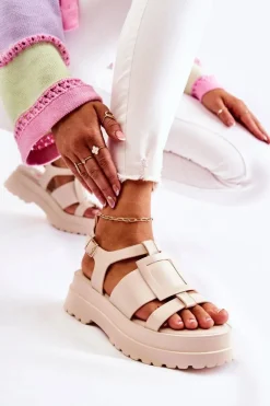 Damskie Boto Damskie Skórzane Sandały Na Platformie Beżowe Corene