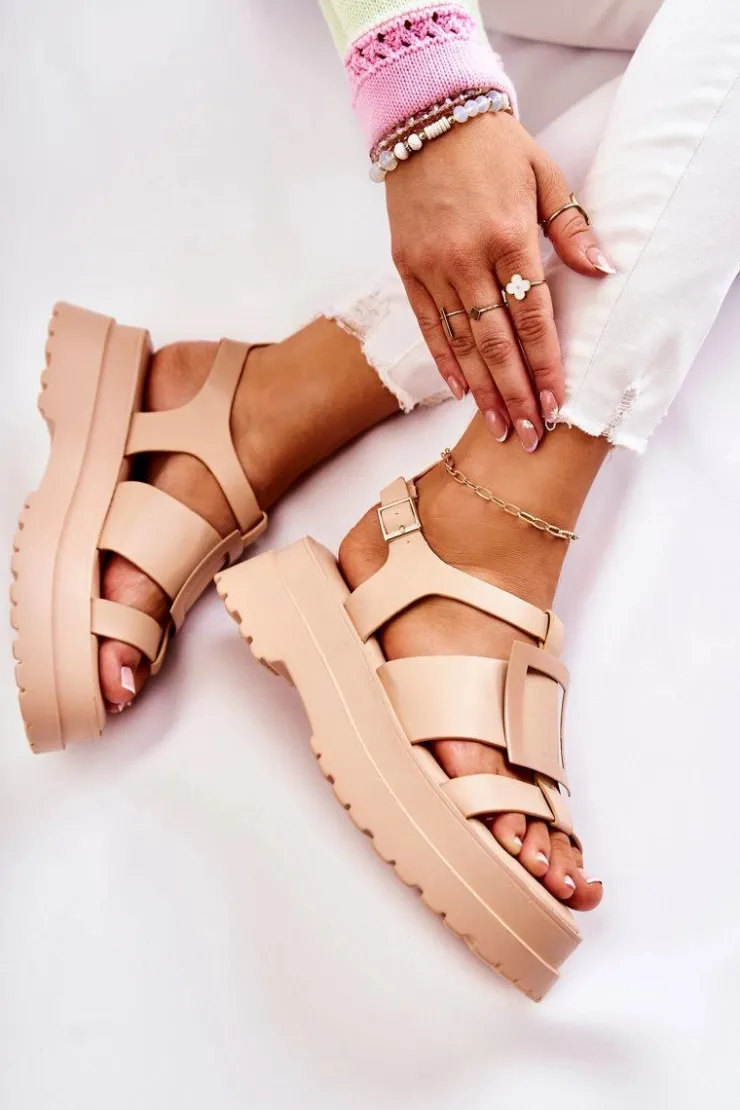 Boto Damskie Skórzane Sandały Na Platformie Ciemnobeżowe Corene