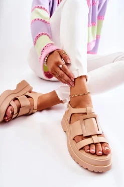 Boto Damskie Skórzane Sandały Na Platformie Ciemnobeżowe Corene