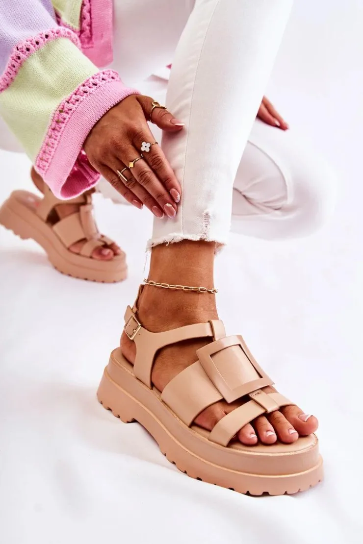 Boto Damskie Skórzane Sandały Na Platformie Ciemnobeżowe Corene