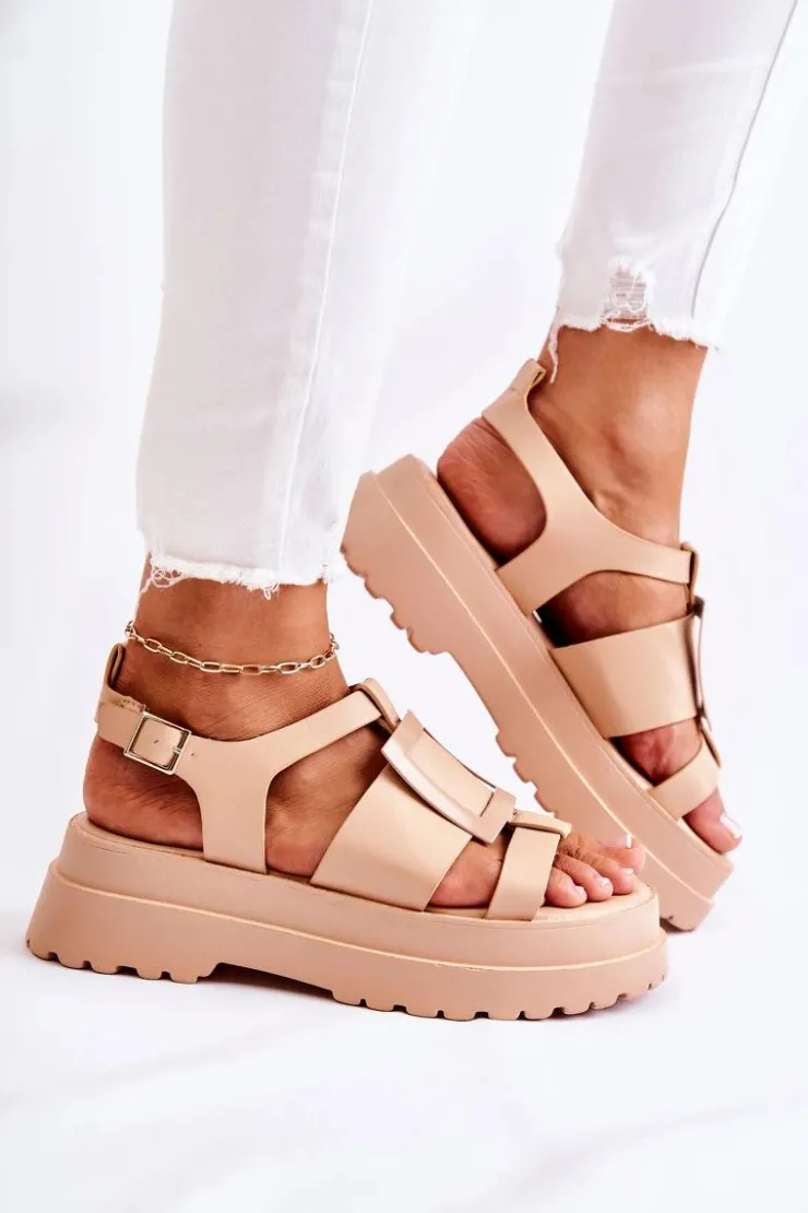 Boto Damskie Skórzane Sandały Na Platformie Ciemnobeżowe Corene