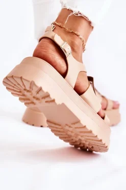 Boto Damskie Skórzane Sandały Na Platformie Ciemnobeżowe Corene