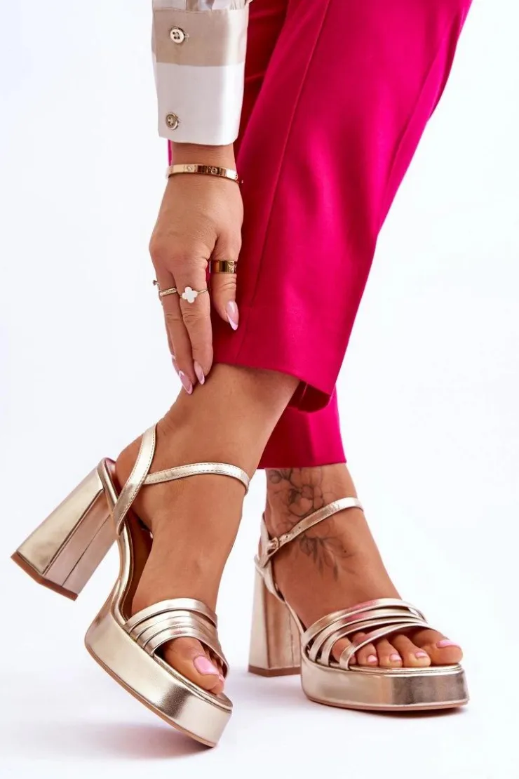 Boto Sandały Na Obcasie*Damskie Skórzane Sandały Na Obcasie I Platformie Złote Verda