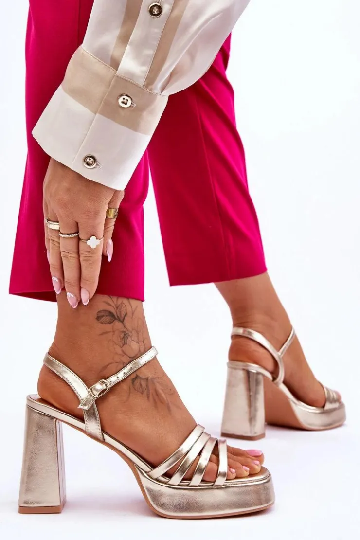 Boto Sandały Na Obcasie*Damskie Skórzane Sandały Na Obcasie I Platformie Złote Verda