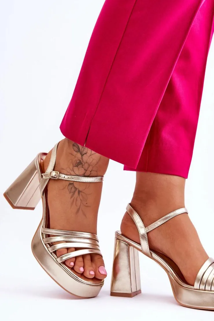 Boto Sandały Na Obcasie*Damskie Skórzane Sandały Na Obcasie I Platformie Złote Verda