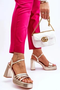 Boto Sandały Na Obcasie*Damskie Skórzane Sandały Na Obcasie I Platformie Złote Verda