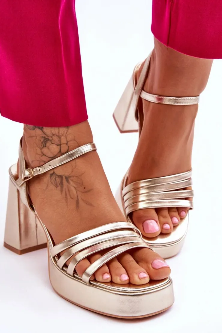 Boto Sandały Na Obcasie*Damskie Skórzane Sandały Na Obcasie I Platformie Złote Verda