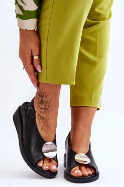 Buty damskie Vinceza Sandały Na Koturnie*Damskie Skórzane Sandały Na Koturnie Czarne Justice