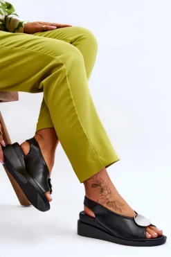 Buty damskie Vinceza Sandały Na Koturnie*Damskie Skórzane Sandały Na Koturnie Czarne Justice