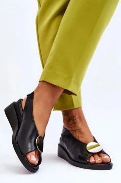 Buty damskie Vinceza Sandały Na Koturnie*Damskie Skórzane Sandały Na Koturnie Czarne Justice