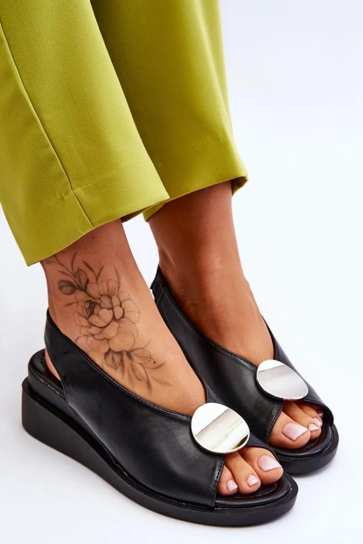 Buty damskie Vinceza Sandały Na Koturnie*Damskie Skórzane Sandały Na Koturnie Czarne Justice