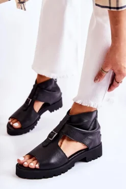 Damskie Boto Damskie Skórzane Sandały Na Suwak Nicole 2748 Czarne