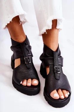 Damskie Boto Damskie Skórzane Sandały Na Suwak Nicole 2748 Czarne