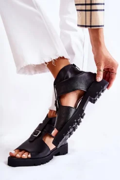 Damskie Boto Damskie Skórzane Sandały Na Suwak Nicole 2748 Czarne