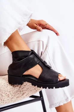 Damskie Boto Damskie Skórzane Sandały Na Suwak Nicole 2748 Czarne