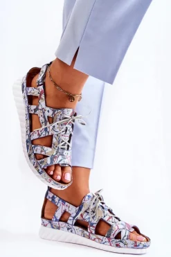 Damskie Maciejka Damskie Skórzane Sandały Na Rzep 05375-06 Niebieskie