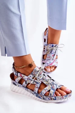 Damskie Maciejka Damskie Skórzane Sandały Na Rzep 05375-06 Niebieskie