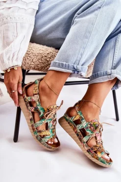 Maciejka Sandały Płaskie*Damskie Skórzane Sandały Na Rzep 05375-09 Zielone