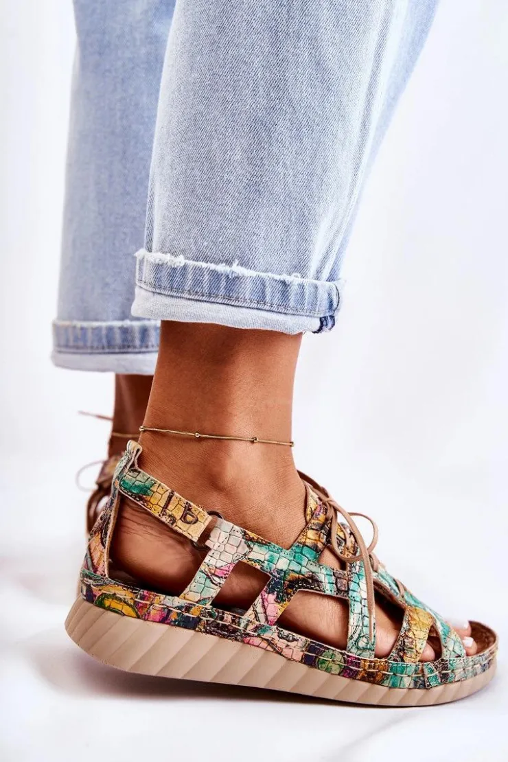 Maciejka Sandały Płaskie*Damskie Skórzane Sandały Na Rzep 05375-09 Zielone