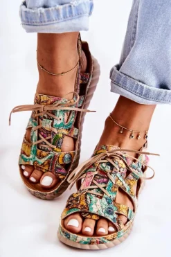 Maciejka Sandały Płaskie*Damskie Skórzane Sandały Na Rzep 05375-09 Zielone