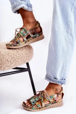 Maciejka Sandały Płaskie*Damskie Skórzane Sandały Na Rzep 05375-09 Zielone