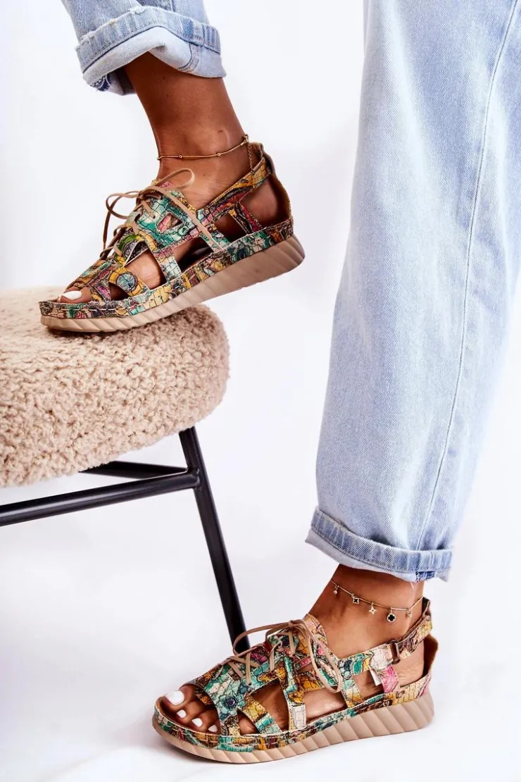 Maciejka Sandały Płaskie*Damskie Skórzane Sandały Na Rzep 05375-09 Zielone