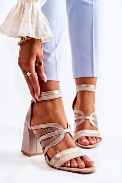 Damskie Maciejka Damskie Skórzane Sandały Na Masywnym Słupku 05514-04 Beżowo-Złote