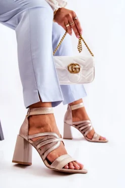 Damskie Maciejka Damskie Skórzane Sandały Na Masywnym Słupku 05514-04 Beżowo-Złote