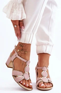 Evento Sandały Na Obcasie*Damskie Skórzane Sandały Na Niskim Słupku Różowe Riley