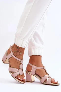 Evento Sandały Na Obcasie*Damskie Skórzane Sandały Na Niskim Słupku Różowe Riley