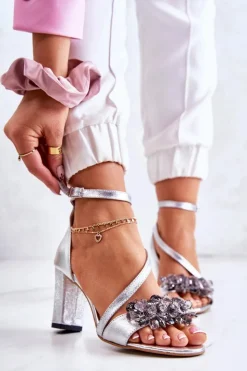 Online Boto Damskie Skórzane Sandały Na Obcasie Srebrne Torine