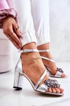 Online Boto Damskie Skórzane Sandały Na Obcasie Srebrne Torine