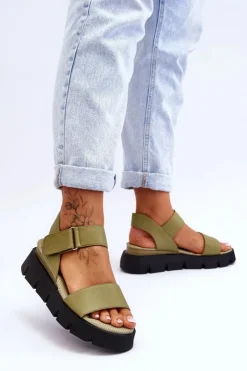 Buty damskie Vinceza Sandały Na Koturnie*Damskie Skórzane Sandały Na Platformie Zielone Katte