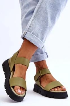 Buty damskie Vinceza Sandały Na Koturnie*Damskie Skórzane Sandały Na Platformie Zielone Katte