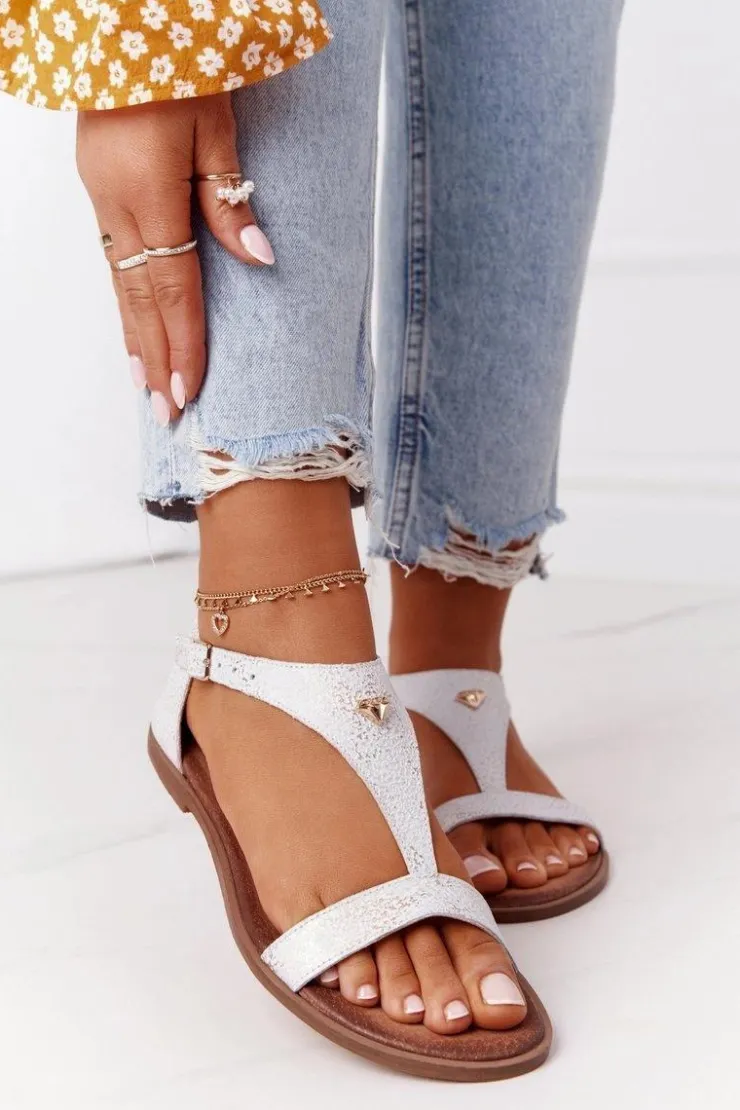 Clearance Boto Damskie Skórzane Sandały Nicole 2648 Białe Metaliczne