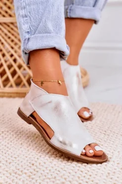 Damskie Boto Damskie Skórzane Sandały Nicole 2622 Białe Metaliczne