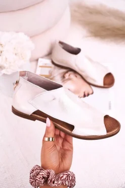 Damskie Boto Damskie Skórzane Sandały Nicole 2622 Białe Metaliczne