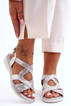 Damskie Damskie buty S.Barski Damskie Skórzane Sandały S.Barski 97619 Srebrne