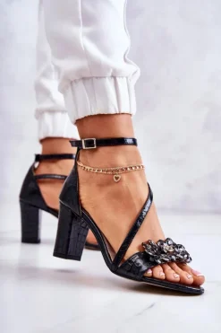 Boto Sandały Na Obcasie*Damskie Skórzane Sandały Z Kryształami Czarne Ramona